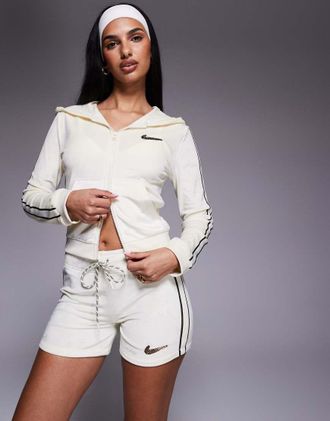 Nike Felpa con cappuccio in velour color panna con zip-Bianco
