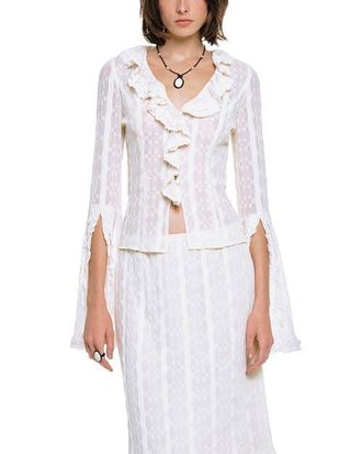 Anna Sui Floral Ruffle Stretch Lace Blouse in Cream at Nordstrom, Size X-Small