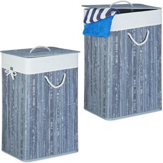 Relaxdays Relaxdays, Set 2x Bamboo Laundry Basket, with Lid, Rectangular, XL, 83L, Foldable Bin, HWD: 65.5 x 43.5 x 33.5cm, Grey