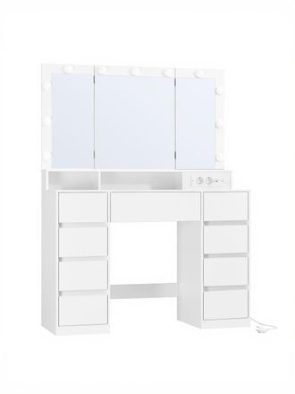 Vasagle Tocador con 3 espejos plegables 11 bombillas 9 cajones color blanco
