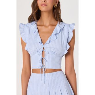 ASTR the Label Zira Stripe Ruffle Crop Top in Blue Stripe at Nordstrom, Size X-Small