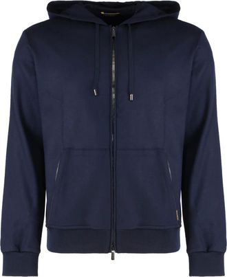 Moorer Hoodies & sweatvesten, Heren, Blauw, 2Xl, Wol, Wollen Zip Hoodie met Leren Details