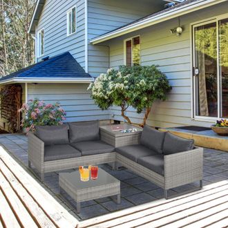 OUTSUNNY 4 PCs Rattan Wicker Sofa Set Outdoor Conservatory Furniture w/ Side Storage Box in Grey