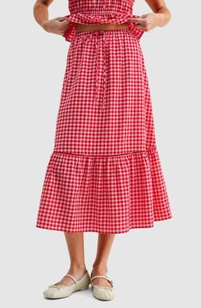 All in Favor Gingham Cotton Blend Midi Skirt in Red Gingham at Nordstrom, Size X-Small