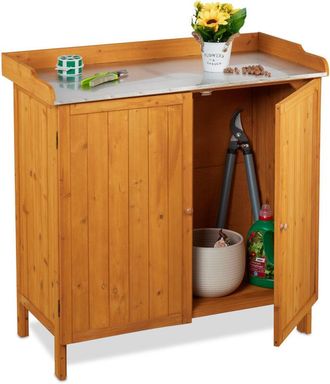 Relaxdays Mesa De Cultivo, Armario Almacenamiento Inferior, Madera, Superficie De Peltre, 94 X 94 X 47 Cm, Naranja - Relaxdays