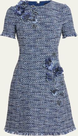 Teri Jon Floral Tweed Short-Sleeve Dress