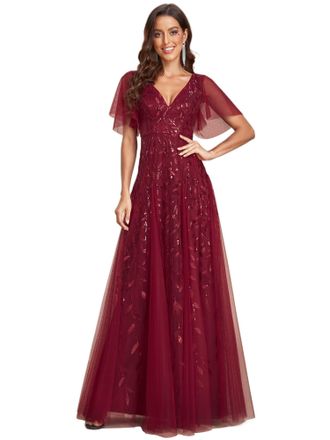 Ever-pretty Womens V Neck A Line Empire Waist Embroidery Sequin Tulle Ball Evening Gowns Dresses Burgundy 16UK
