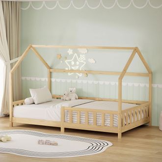 ML Design Ml-design Cama Infantil 120x200cm Natural, Con Protecci&oacute;n Antica&iacute;da, Techo Y Somier, Estructura Listones De Madera De Maciza De Pino Lecho Doble Monte