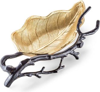 Alice Pazkus 15.75In Gold Black Leaf Dish