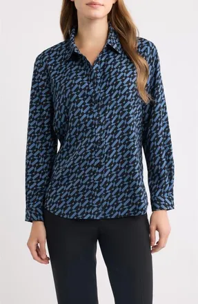 Anne Klein Printed Clean Front Shirt in Dutch Blue/anne Black at Nordstrom, Size X-Large