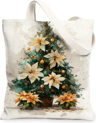 Generic Floral Canvas Tote Bags, Holiday Flower Design Reusable Bags, Elegant Lightweight Washable Shoulder Strap Canvas for Outdoor Travel Picnic 13x15 Inch