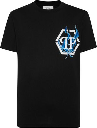 Philipp Plein logo flame-print cotton T-shirt - men - Cotton - XXXXL - Black
