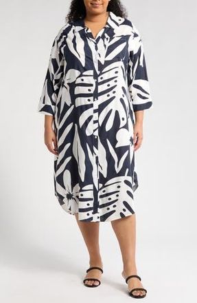 Boho Me Tropical Long Sleeve Shirtdress in Navy White at Nordstrom Rack, Size 1X