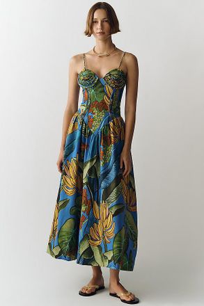 Farm Rio Linen Basque-Waist Midi Dress