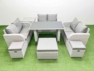 Fimous 9 Seater Patio Garden Furniture Sets with Side Table 3 Stool in Light Grey