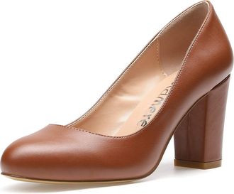 Castamere High Heels Womens Block Heels Round Toe Slip-On Court Shoes 3.2 in Heeled PU Brown Pumps EU 43.5