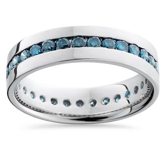 Pompeii3 1 1/5ct Blue Diamond Channel Set Eternity Ring 14K White Gold Comfort Fit Size Selectable