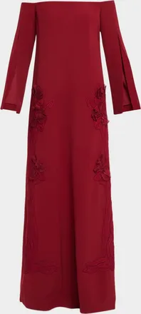 Lela Rose Floral Organza Embroidered Off-The-Shoulder Crepe Gown