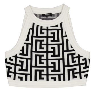 Balmain Sleeveless Monogram Knit Crop Top, Brand Size 38 (US Size 6)