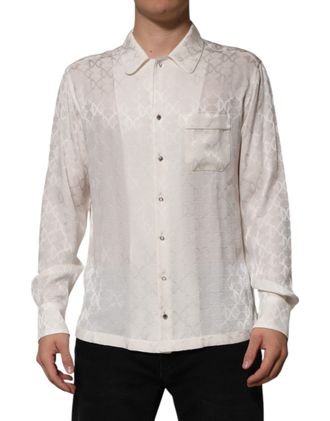 Dolce & Gabbana Mens White Silk Dg Logo Print Long Sleeves Shirt
