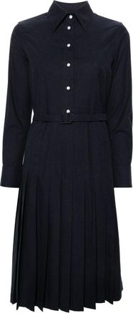 Thom Browne pleated flannel midi shirt dress - women - Cotton - 42 - Blue