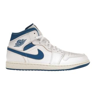 Nike Heren Air Jordan 1 Leren Mid Cut Sneakers (Wit/Blauw)