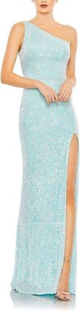 Mac Duggal Sequined One Shoulder Draped Back Gown in Ice Blue at Nordstrom, Size 14