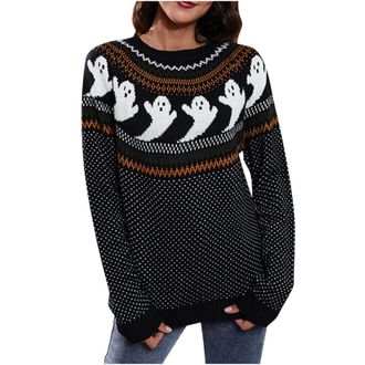 Generic Women Halloween Jumpers Loose Pullover Cable Knitted Sweater Halloween Ghost Graphic Sweatshirt Round Neck Long Sleeve Pullover Sweaters Ladies Long S