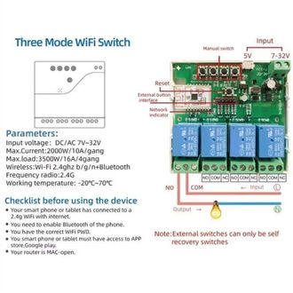 OEM Interruttore Intelligente A 4 Canali Crezuo Con Wi-fi, Bluetooth E Modulo Rel&egrave; A Contatto Pulito, 7-32 V E Controllo Remoto Tramite App.-crezuo