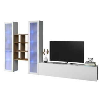 Dmora Pared Equipada Dcorrei, Conjunto De Sal&oacute;n Mueble De Tv Con 3 Puertas, Mueble De Sal&oacute;n Polivalente Con Vitrina Y Luz Led, 100% Made In Italy, Cm 320x30