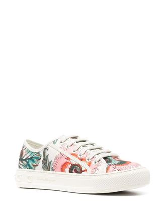 Ferragamo Papavero-Print Leather Sneaker - White