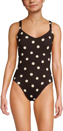 Lands End V-Neck High Leg Strappy Back One Piece in Rich Seal Brown Polka Dot at Nordstrom, Size 18