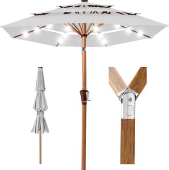 Best Choice Products Woodgrain Pattern 10ft 3-Tier Solar Patio Umbrella w/ 24 LED Lights, Tilt