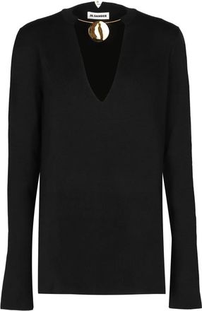 Jil Sander Wollen trui - Dames - V-hals truien - Zwart - S - Wol - Truien & Vesten
