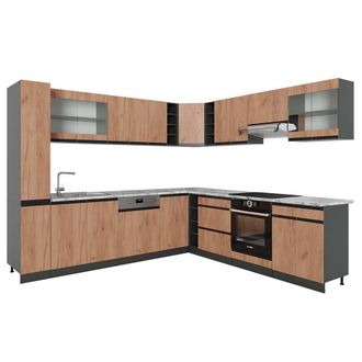 Vicco Cocina Esquinera R-line, Oro Power Roble/antracita, 257 X 277 Cm J-shape, Et M&aacute;rmol