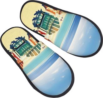 Generic Furry Slippers Beach Scene With Chairs Printing Slippers Flat Unisex Slipper For Hotel Women Indoor M
