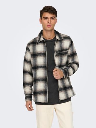 Only & Sons Langarmhemd ONLY & SONS ONSAUSTIN WOOL ZIP OVERSHIRT, Herren, Gr. M, N-Gr, weiss (antique wei&szlig;), Web, Obermaterial: 90% Polyester, 10% Wolle, kariert,