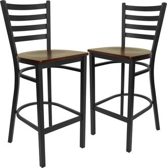 Flash Furniture 2 Pk. Black Ladder Back Metal Restaurant Barstool - Mahogany Wood Seat