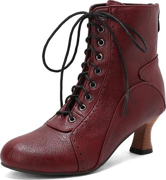 Generic Womens Victorian Style Ankle Boots Chunky Low Mid Heel Round Toe Lace-Up Front Faux Leather Short Booties for Cocktail Party Bridal Reception,Burgundy