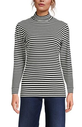 Lands End Relaxed Cotton Long Sleeve Mock Turtleneck in Black Even Stripe at Nordstrom, Size X-Small P