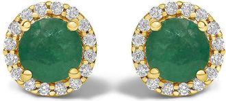 House of Brilliance 10K Yellow Gold Green Emerald and 1/6 Cttw Diamond Halo Stud Earring