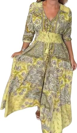 Generic Womens Elegant Floral Drawstring Long Dress, Boho for Summer V-Neck Adjustable Waist Breathable Dress for Vacation (Yellow,XL)