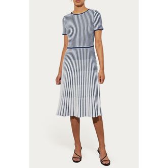 Ming Wang Grid Stripe Flare Knit Dress in Indigo/White at Nordstrom Rack, Size X-Small
