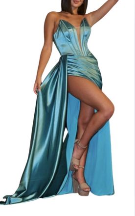 Portia & Scarlett Strapless Fitted High Slit Gown In Teal