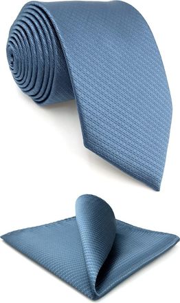 Shlax & Wing Tie for Men Steel Blue Neckties Solid Color Classic Size Necktie with Pocket Square Set