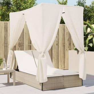 vidaXL vidaXL Lettino Prendisole con Tetto e Tende Beige in Polyrattan