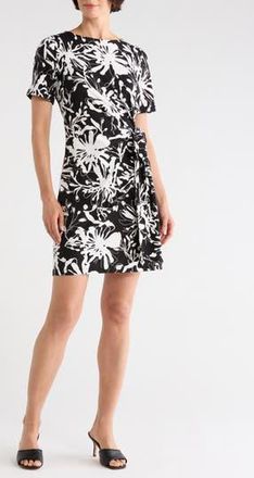 DKNY Floral Short Sleeve Faux Wrap Dress in Ink Floral- Black/Ivory at Nordstrom Rack, Size X-Small