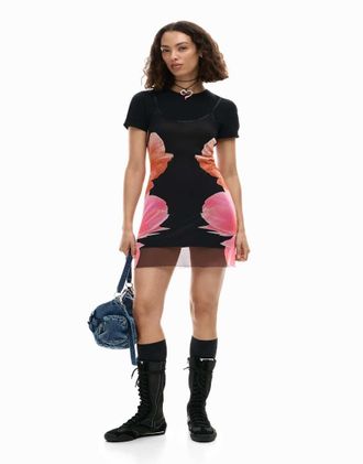 Desigual Vestito nero con stampa floreale