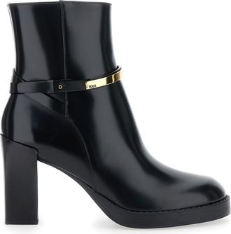 Tod's Black Ankle Boots With High Block Heel And Gold Metal Detail In Leather Woman