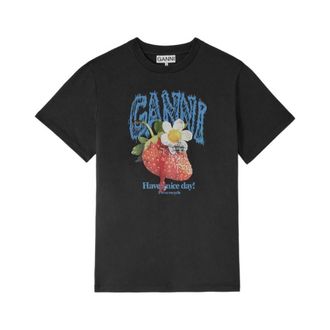 Ganni Graphic Print Crew Neck T-Shirt - female - Ganni - T-Shirts - Black - XS - Tops